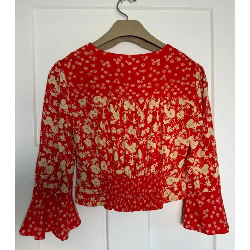 Free People Lady Bohemian Floral Button Front Top Red Size MEDIUM Cropped
